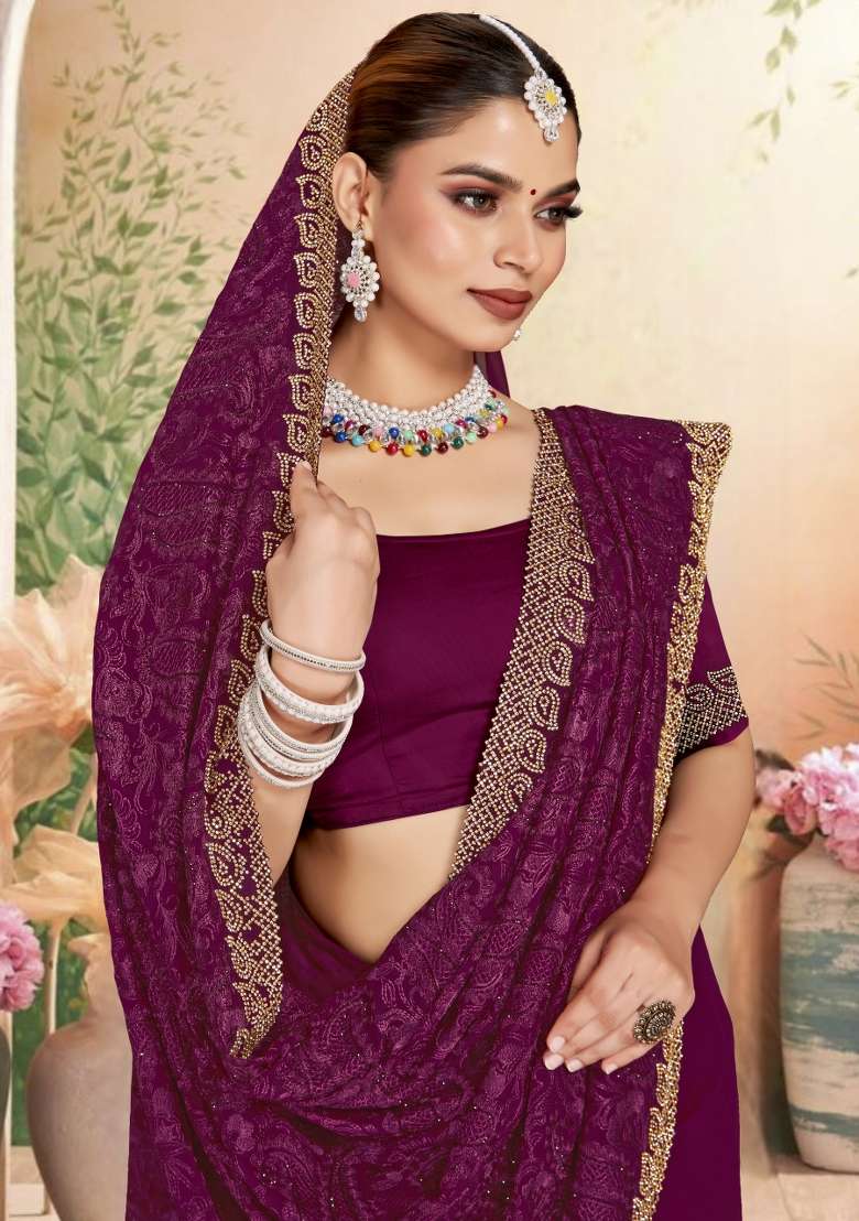 Wine Embroidered Georgette Saree Set - Indya