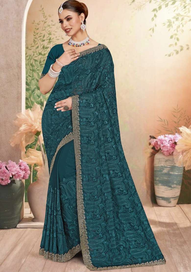 Blue Embroidered Georgette Saree Set - Indya