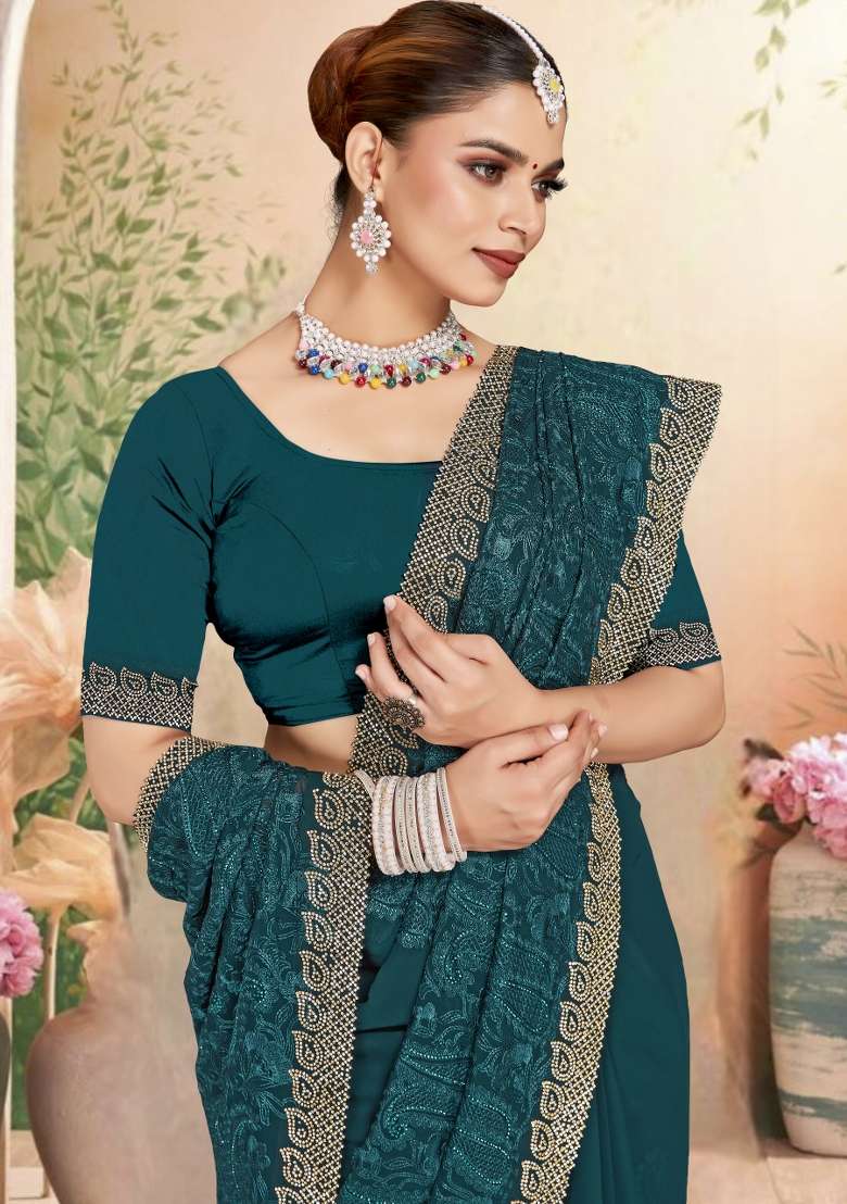 Blue Embroidered Georgette Saree Set - Indya