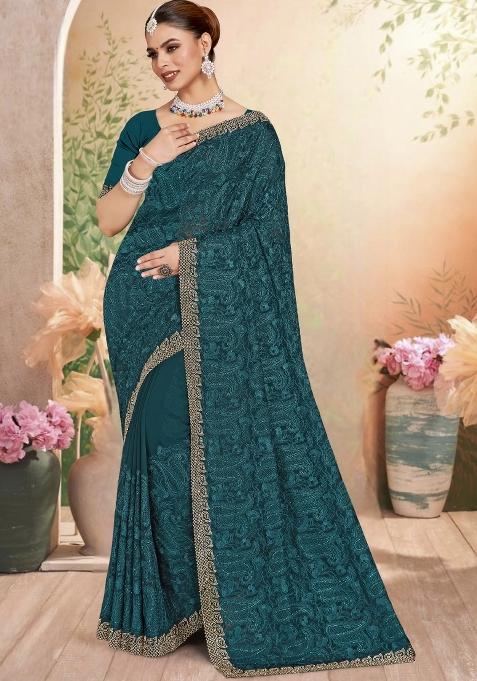 Blue Embroidered Georgette Saree Set