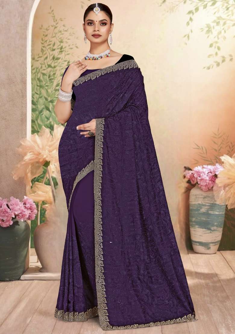 Purple Embroidered Georgette Saree Set - Indya