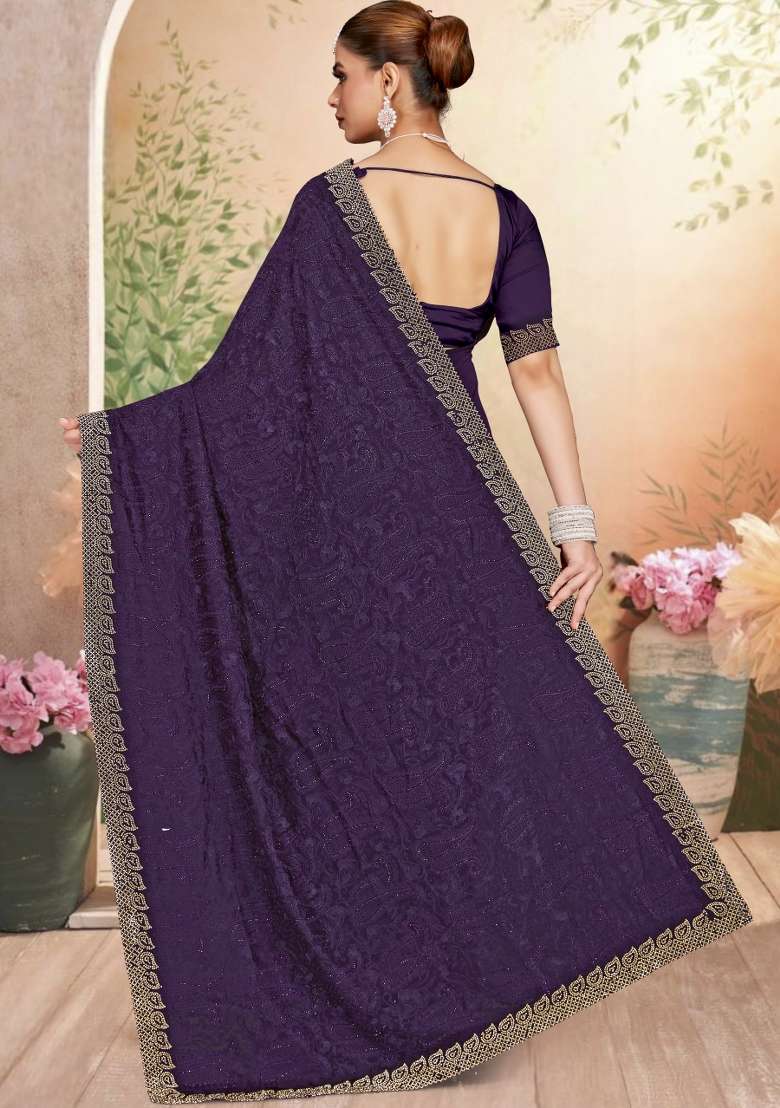 Purple Embroidered Georgette Saree Set - Indya