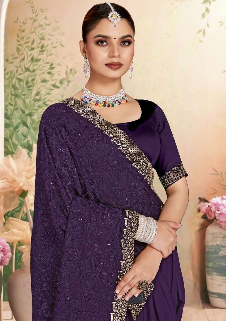 Purple Embroidered Georgette Saree Set - Indya