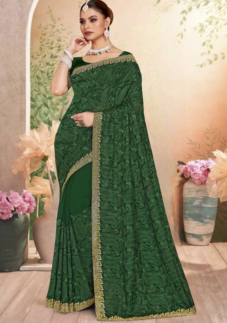 Bottle Green Embroidered Georgette Saree Set - Indya