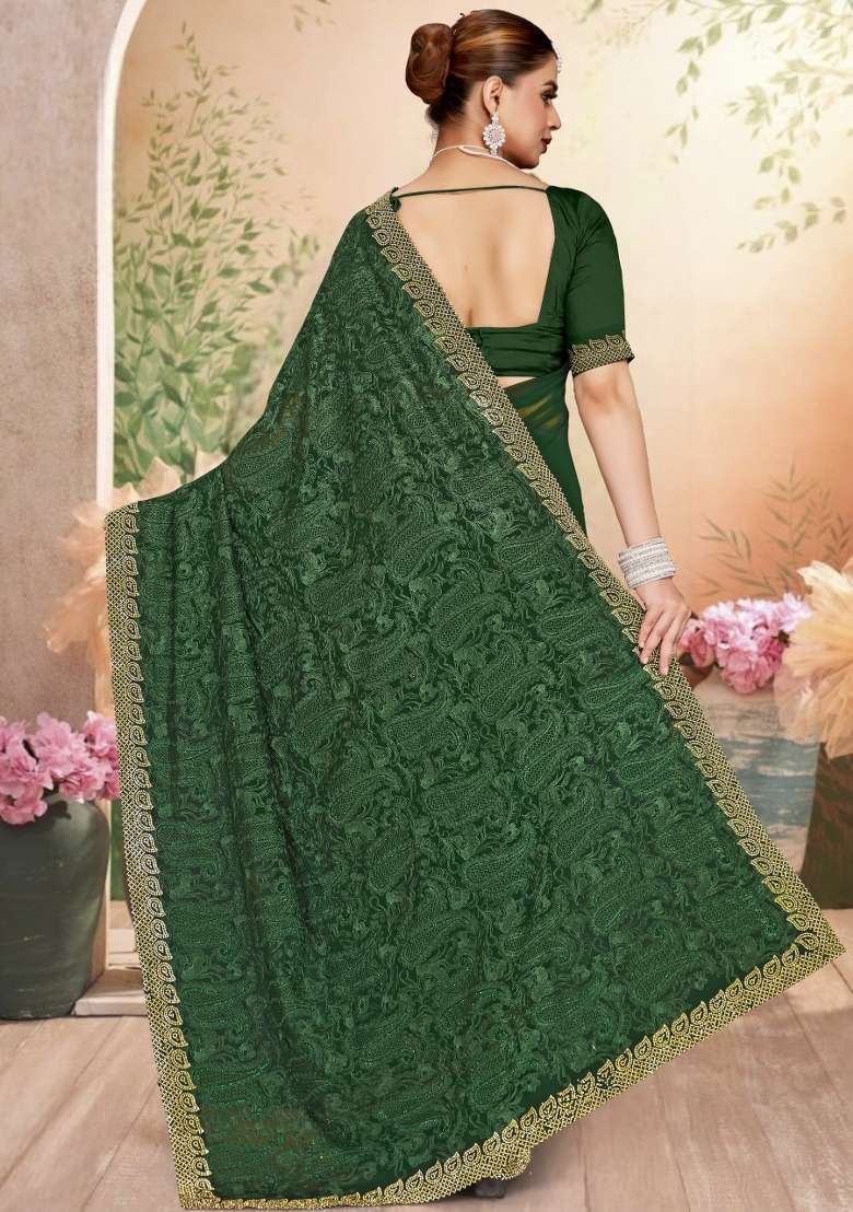 Bottle Green Embroidered Georgette Saree Set - Indya