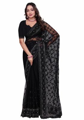Black Embroidered Net Saree Set