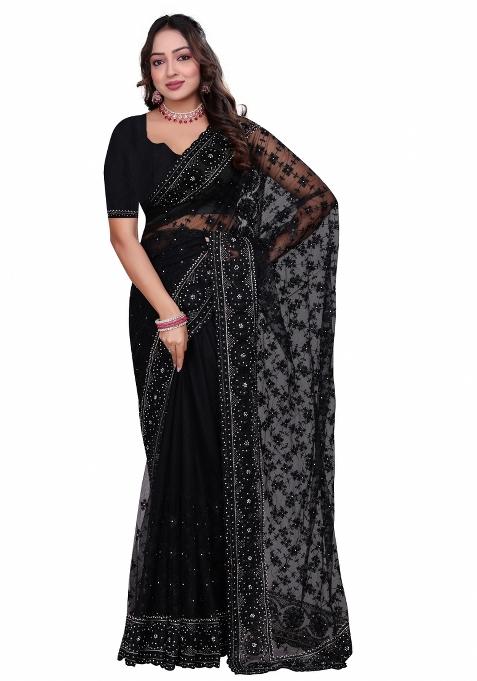 Black Embroidered Net Saree Set