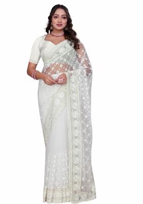White Embroidered Net Saree Set