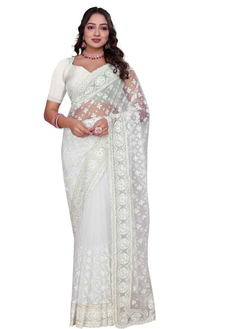 White Embroidered Net Saree Set - Indya