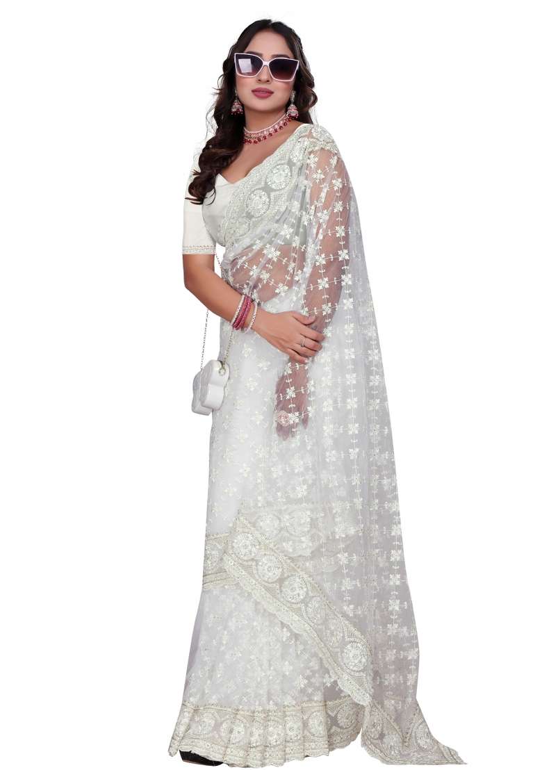 White Embroidered Net Saree Set - Indya