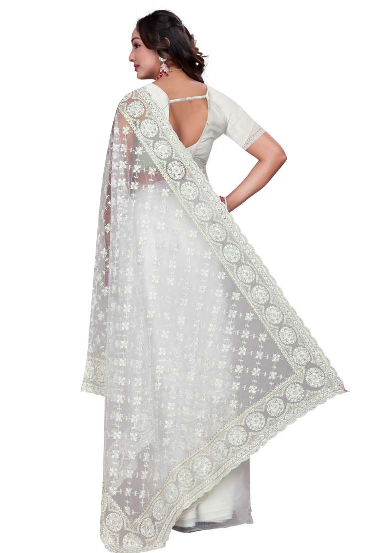 White Embroidered Net Saree Set - Indya