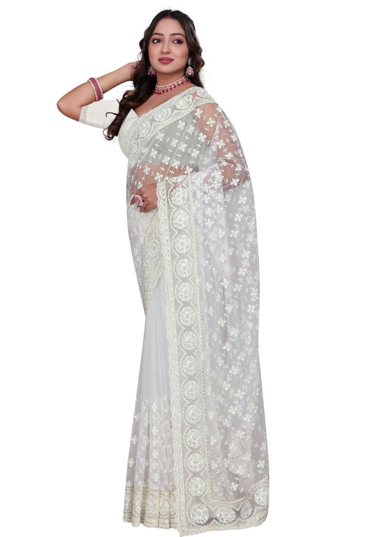 White Embroidered Net Saree Set - Indya