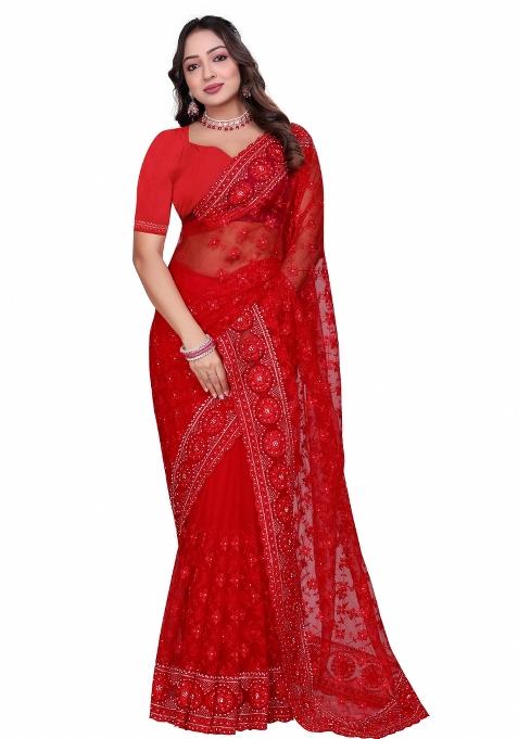 Red Embroidered Net Saree Set