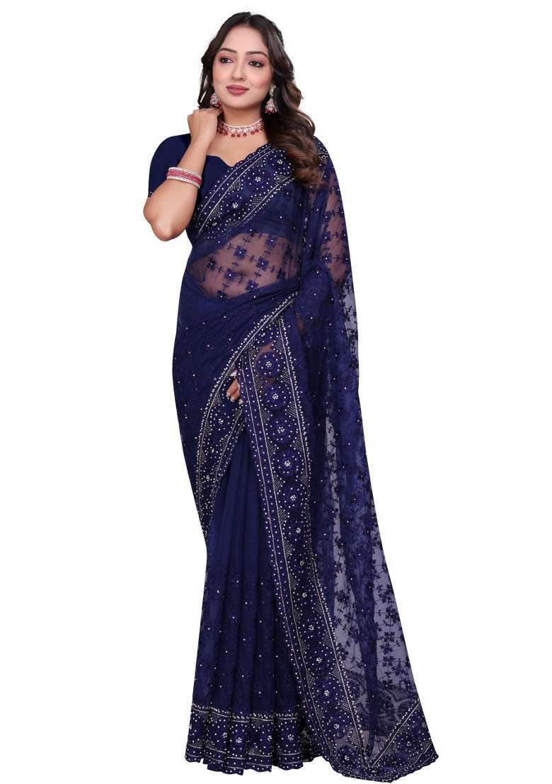 Navy Blue Embroidered Net Saree Set - Indya