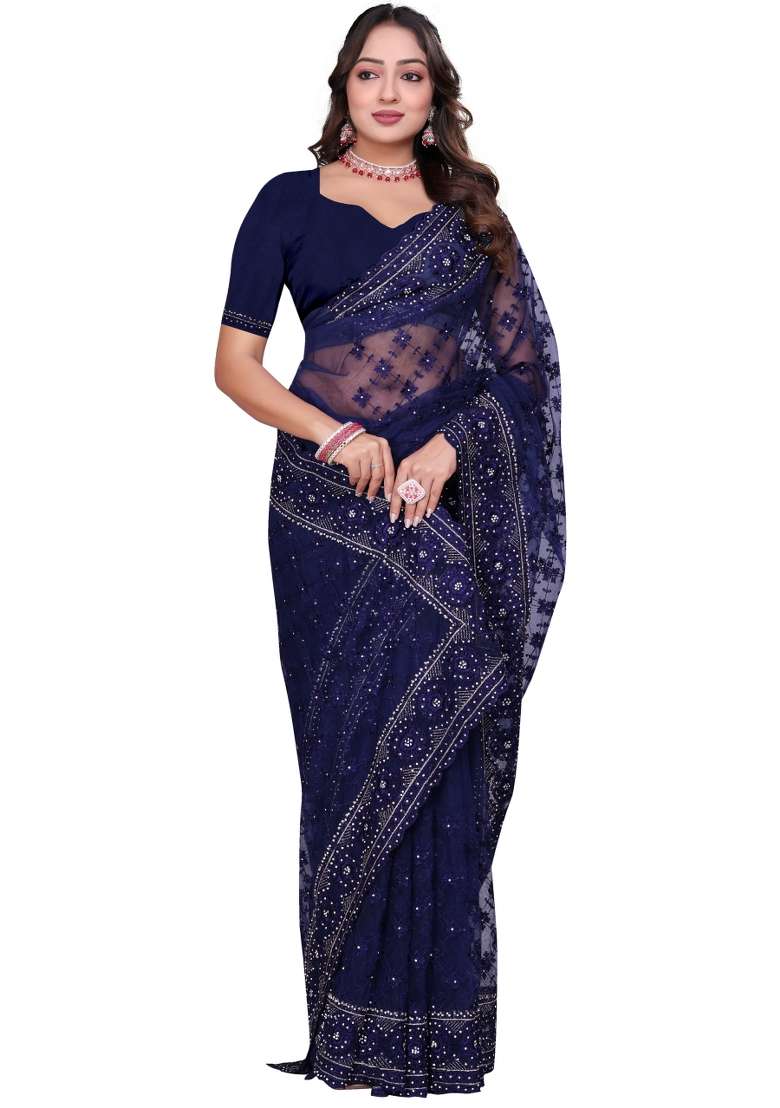 Navy Blue Embroidered Net Saree Set - Indya