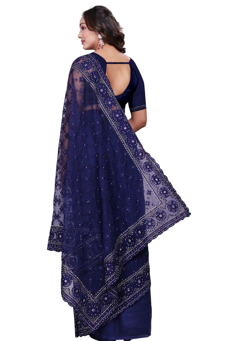 Navy Blue Embroidered Net Saree Set - Indya