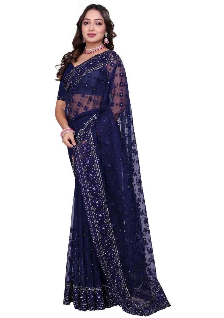 Navy Blue Embroidered Net Saree Set - Indya
