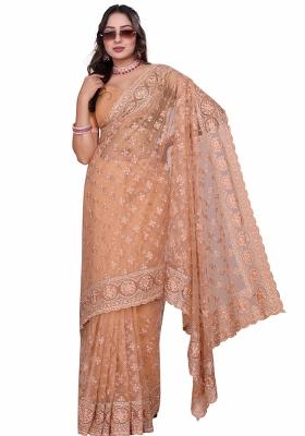 Peach Embroidered Net Saree Set