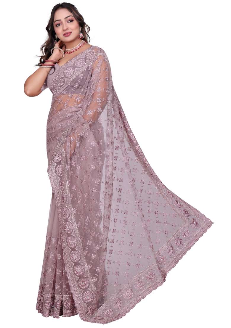 Lavender Embroidered Net Saree Set - Indya