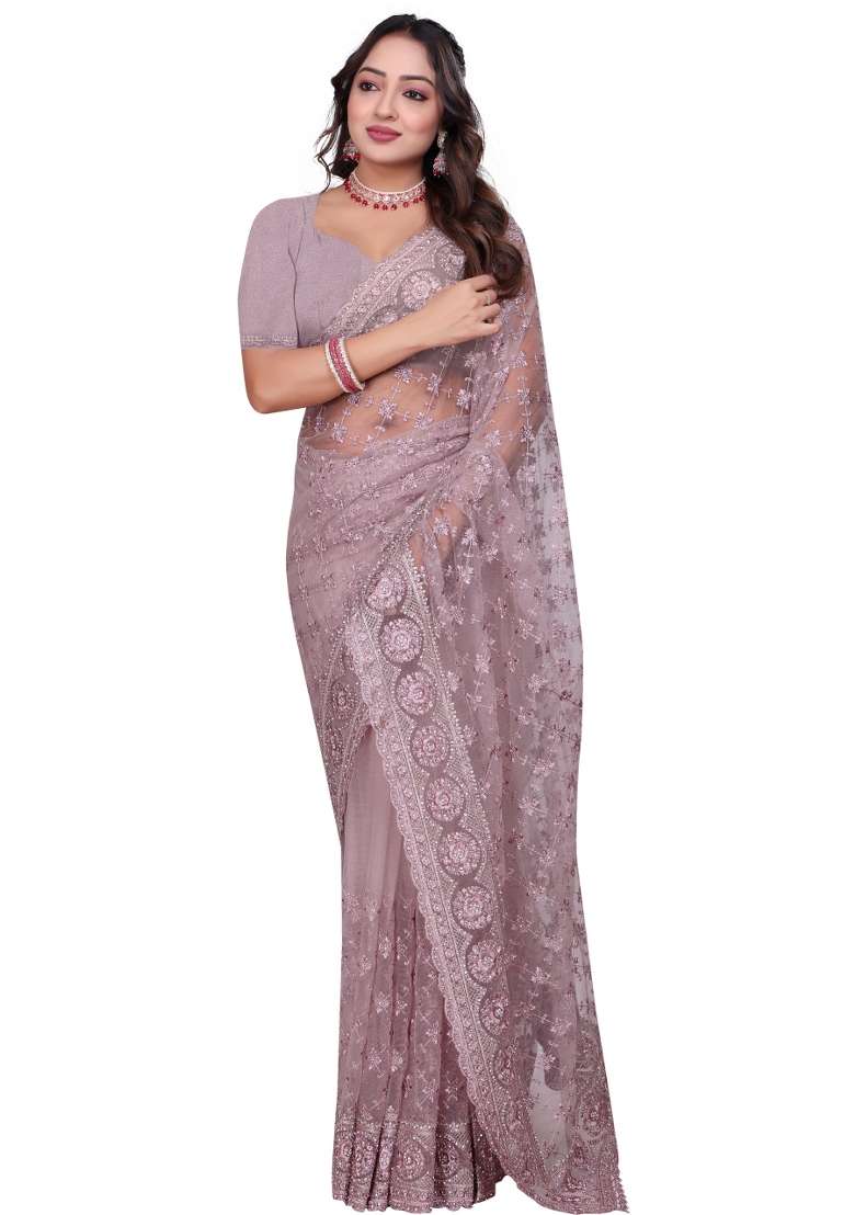 Lavender Embroidered Net Saree Set - Indya