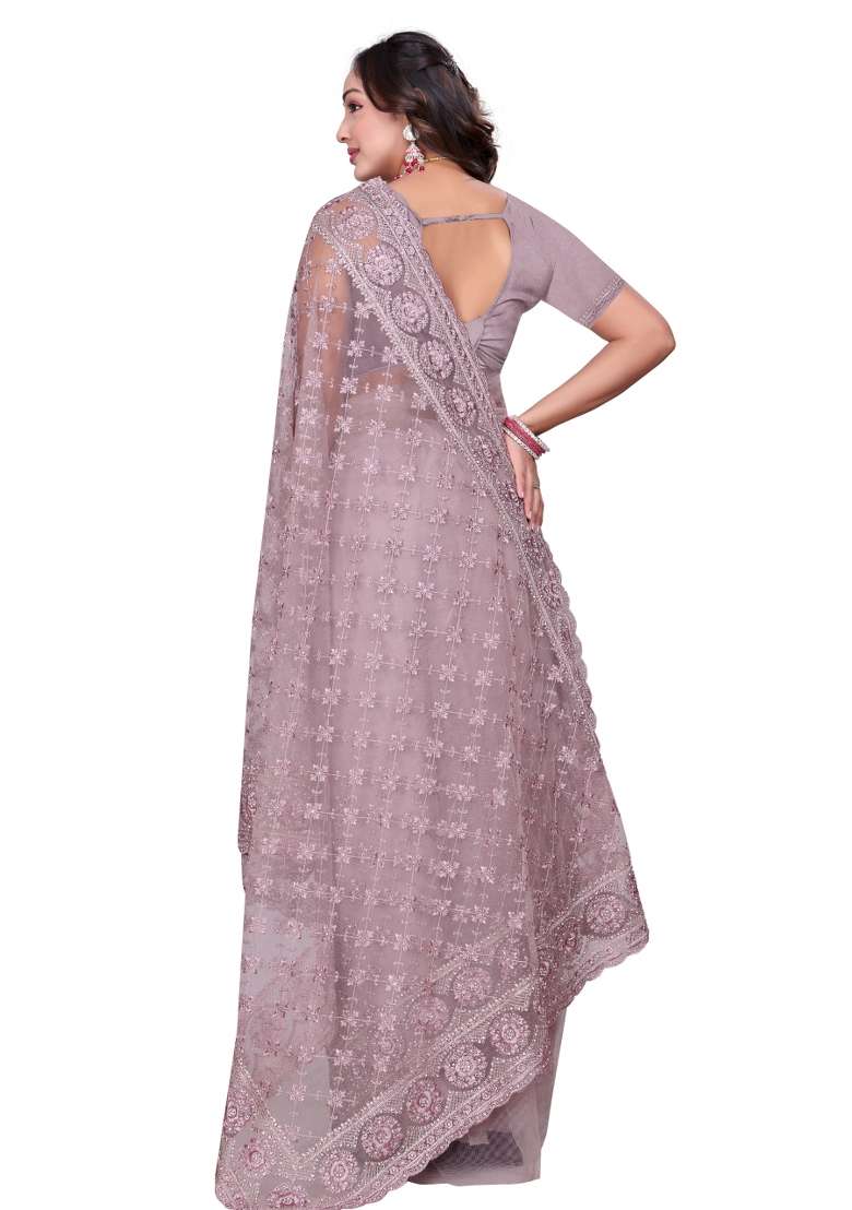 Lavender Embroidered Net Saree Set - Indya
