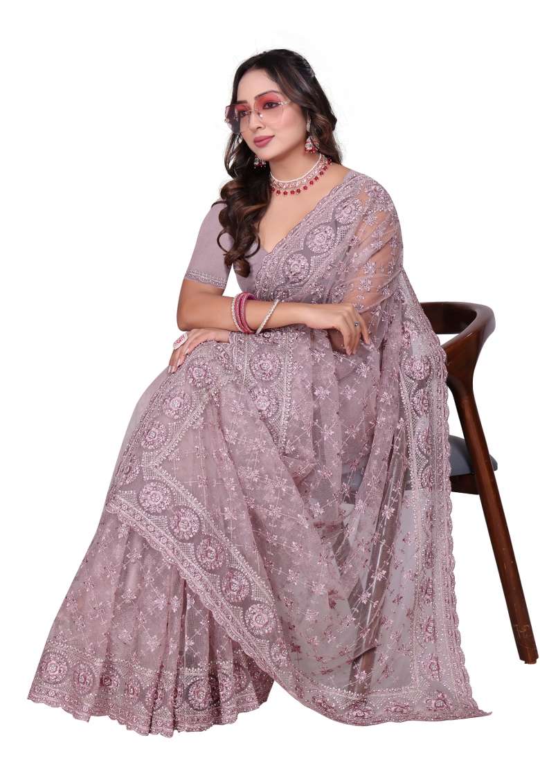 Lavender Embroidered Net Saree Set - Indya