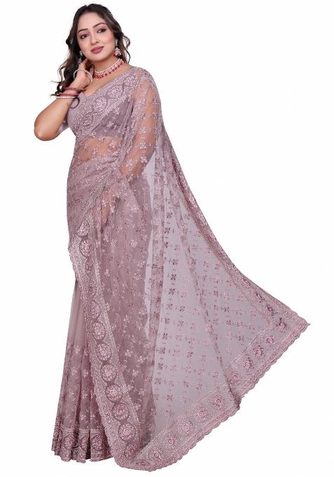 Lavender Embroidered Net Saree Set