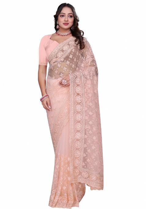 Light Peach Embroidered Net Saree Set