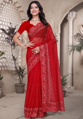 Red Embroidered Net Saree Set