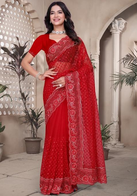 Red Embroidered Net Saree Set