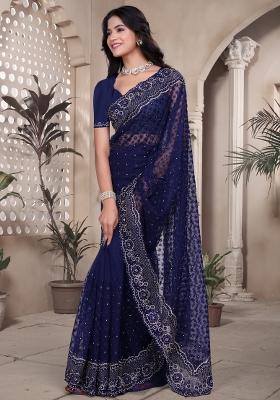 Navy Blue Embroidered Net Saree Set
