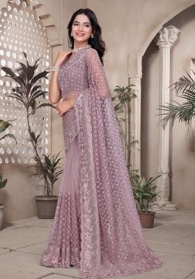 Lavender Embroidered Net Saree Set