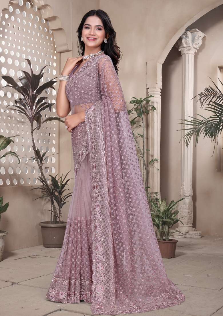 Lavender Embroidered Net Saree Set - Indya