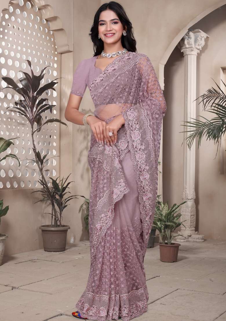Lavender Embroidered Net Saree Set - Indya