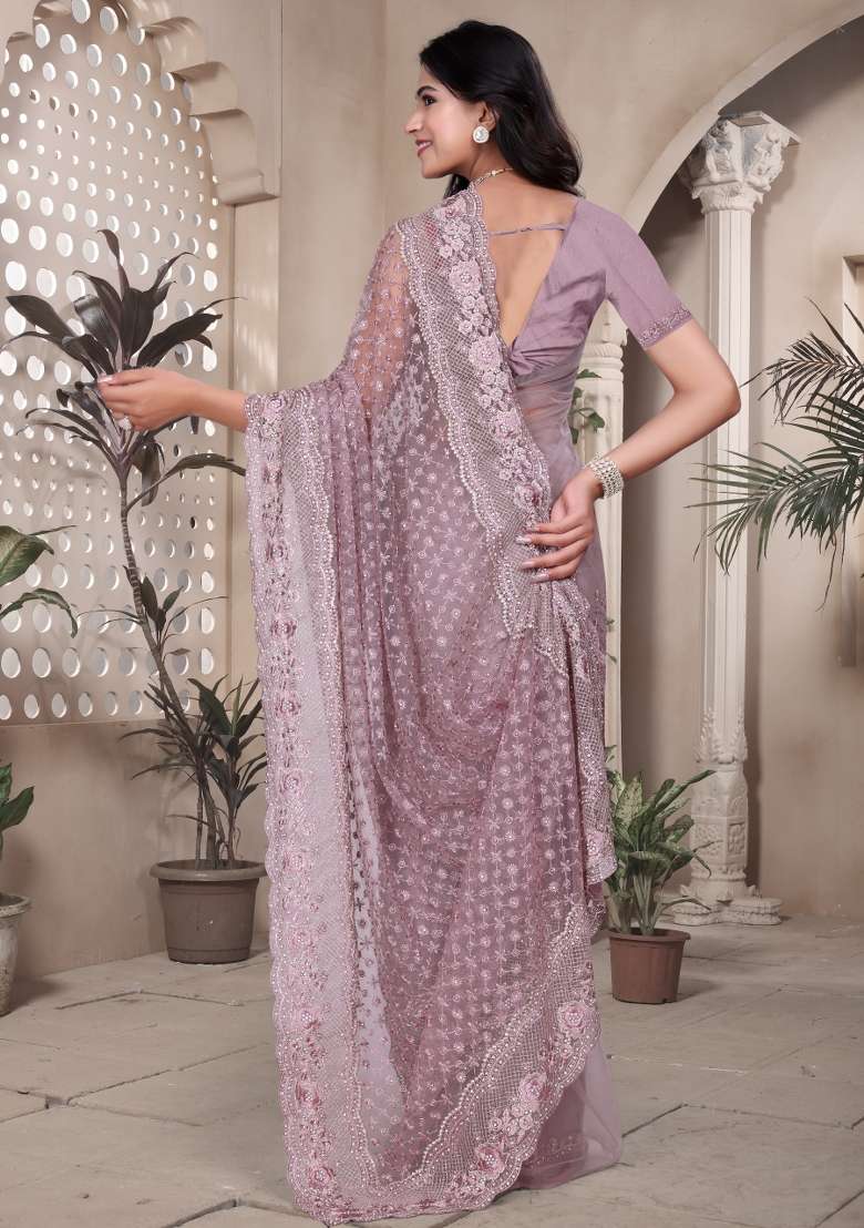 Lavender Embroidered Net Saree Set - Indya