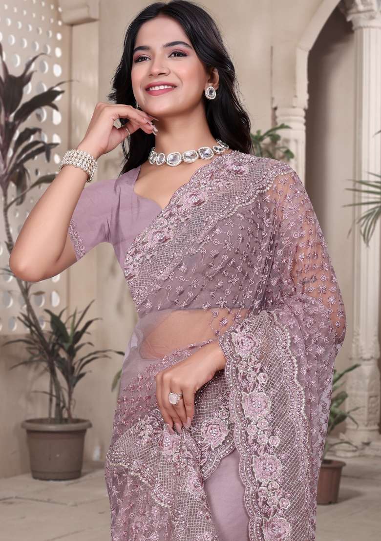 Lavender Embroidered Net Saree Set - Indya