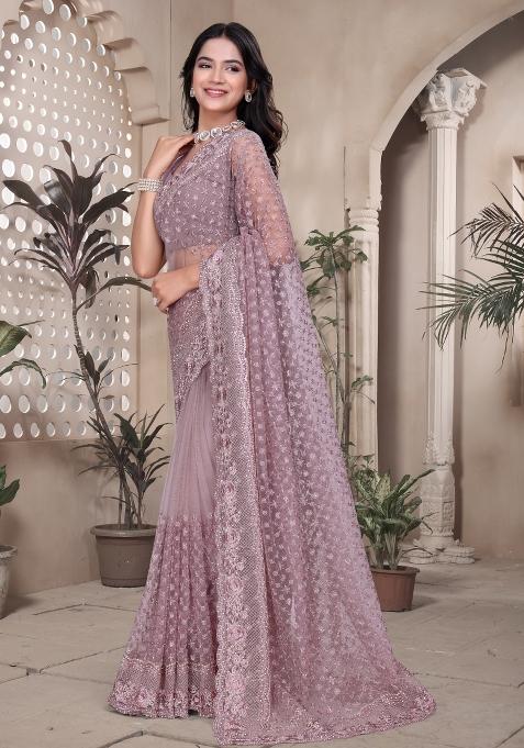 Lavender Embroidered Net Saree Set