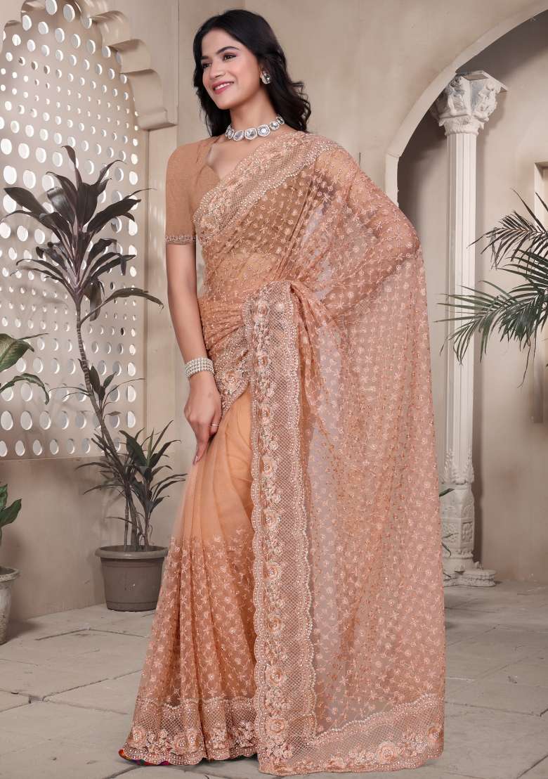 Peach Net Saree Set with Embroidered for Diwali | Wedding & Festive Wear - Indya