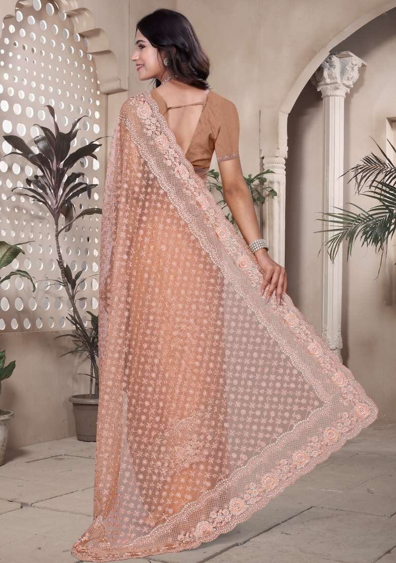 Peach Net Saree Set with Embroidered for Diwali | Wedding & Festive Wear - Indya
