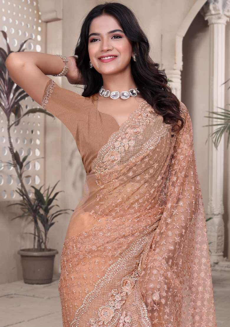 Peach Net Saree Set with Embroidered for Diwali | Wedding & Festive Wear - Indya
