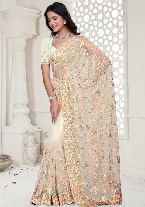 White Embroidered Net Saree Set