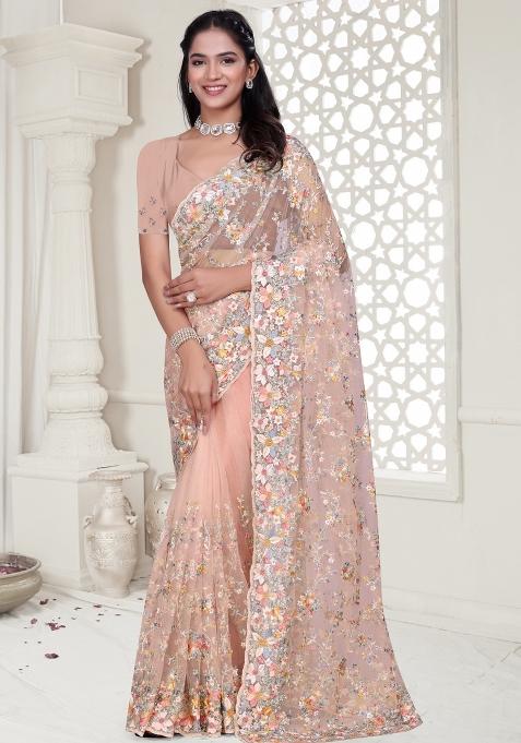 Peach Embroidered Net Saree Set