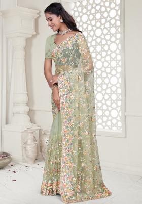 Pista Embroidered Net Saree Set