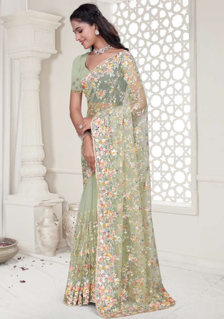 Pista Embroidered Net Saree Set - Indya