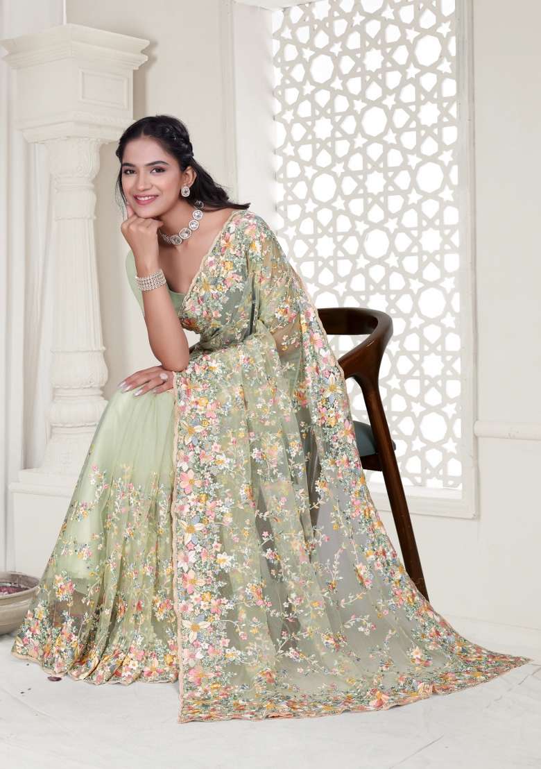 Pista Embroidered Net Saree Set - Indya