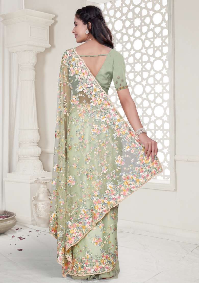 Pista Embroidered Net Saree Set - Indya