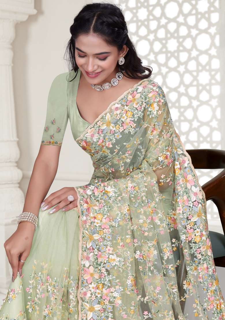 Pista Embroidered Net Saree Set - Indya