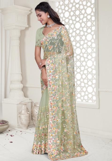Pista Embroidered Net Saree Set