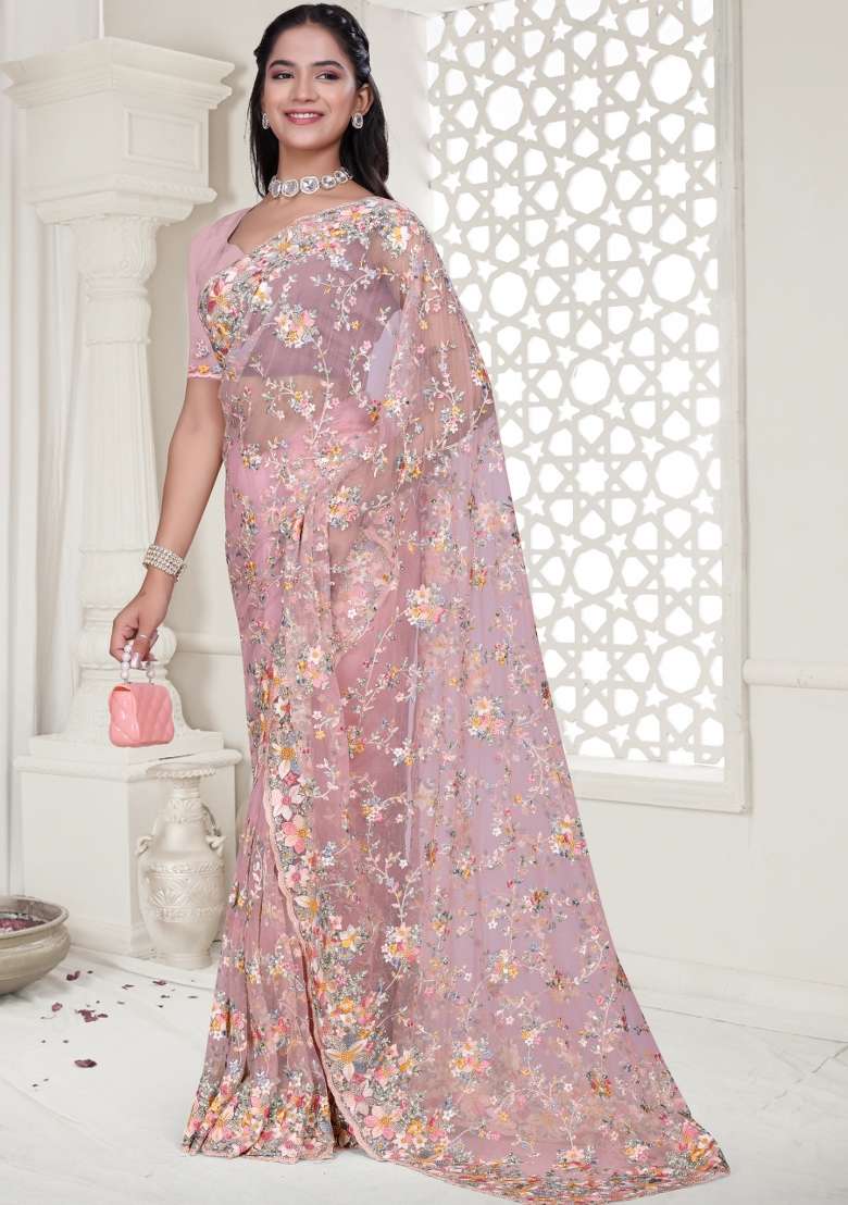 Pink Embroidered Net Saree Set - Indya
