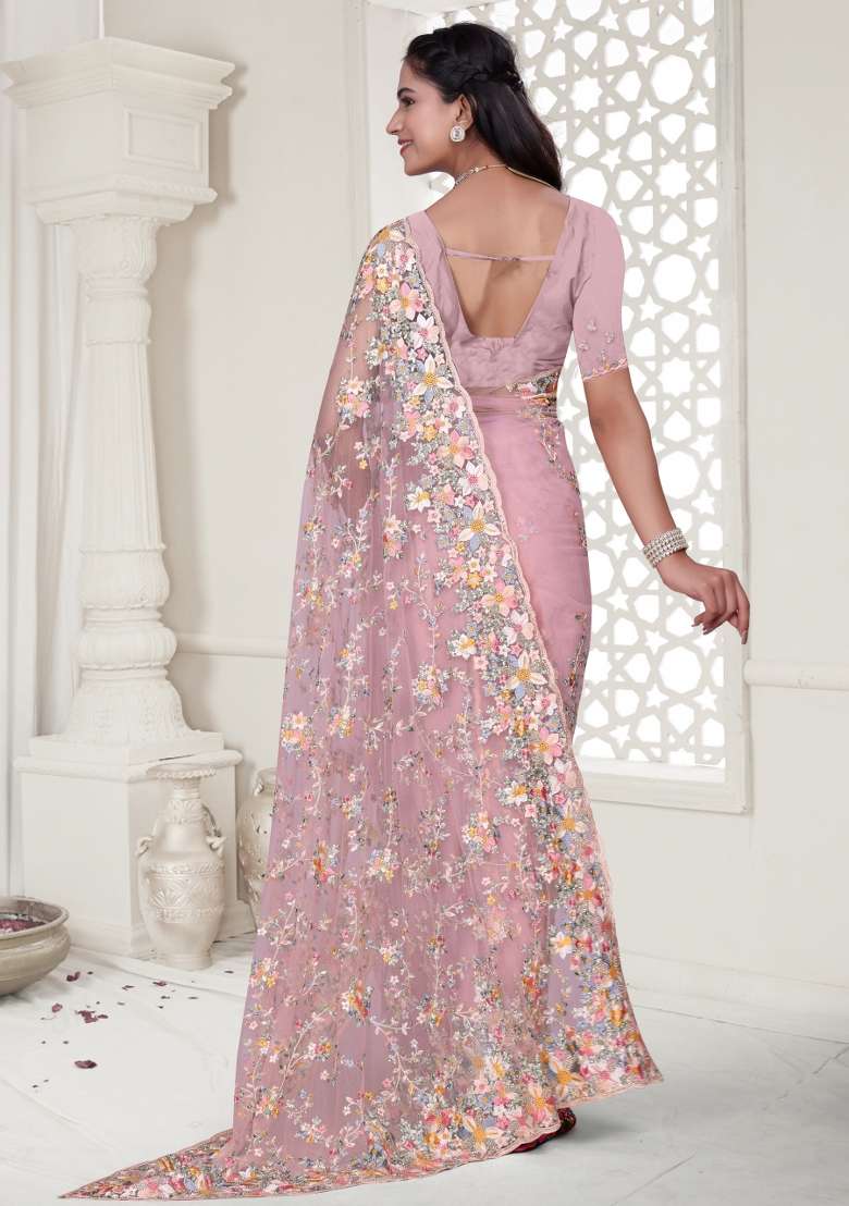 Pink Embroidered Net Saree Set - Indya